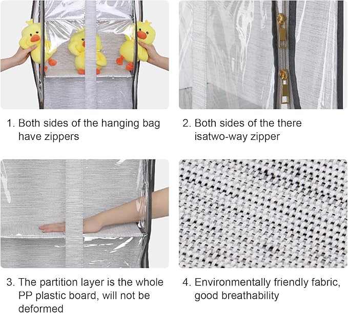 JINOKADI Clear Hanging Handbag Storage Organizer with Zippers, Easy Access Purse,Toy,Yarn,Hat Storage Holder Over The Door Purse Organizer Space Saving 4 Pockets for Closet Bedroom Living Room (Grey)