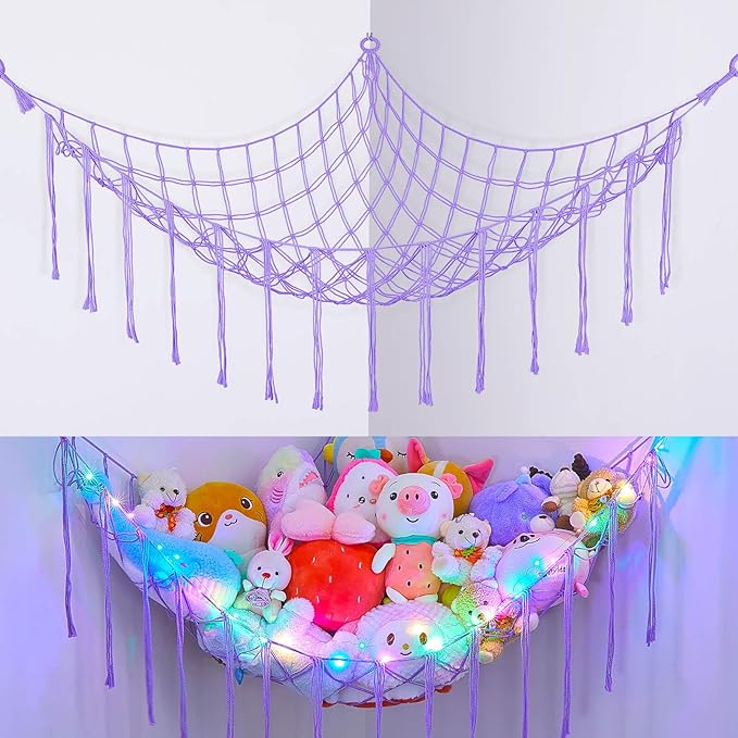 Basumee Stuffed Animals Net or Hammock with LED Light, Hanging Stuffed Animals Storage Toy Hammock Net Corner Wall Girls Room Decor Toy Storage Organizer, Purple, L