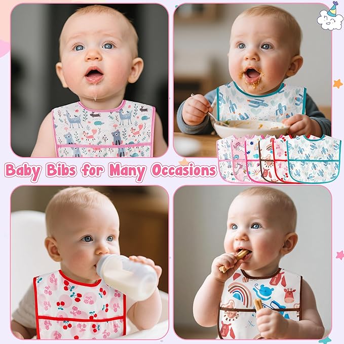 2ooya Baby Bibs for Eating - 6Pcs Toddler Waterproof Feeding Bibs with Crumb Catcher Pocket Adjustable Sleeveless Teething Plastic Food Bib Set Infant Keepsake Gift for Baby Shower, 6-24 Months