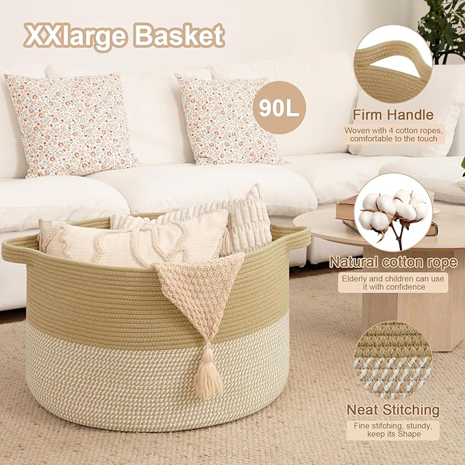 OIAHOMY 90L XXXLarge Blanket Basket for Living Room, 21.7" x 13.8" Woven Cotton Rope Laundry Basket for Organizing Pillows, Decorative Stuffed Animal Toy Storage for Nursery, Jute and White