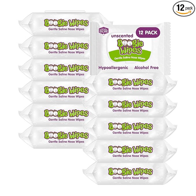 Saline Nose Wipes by Boogie, for Baby & Kids, Face, Hand & Body, Made with Vitamin E, Aloe, and Natural Saline, Unscented, 30 Count (Pack of 12)