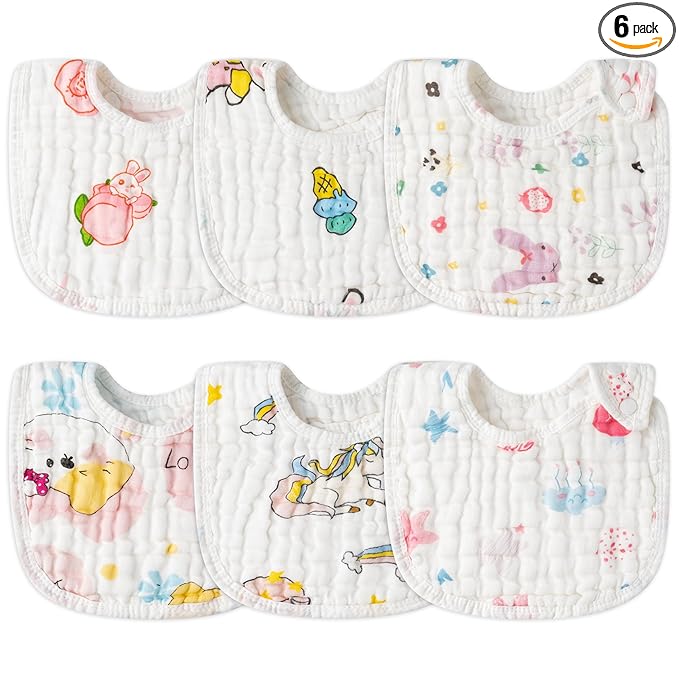 Zainpe 6Pcs Snap Muslin Cotton Baby Bibs Star Cat Rabbit Pattern Adjustable Feeding Bib Machine Washable Unisex Burp Cloths with 6 Absorbent & Soft Layers for Infant Toddler Newborn Eating Drooling