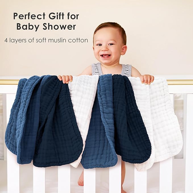 Muslin Burp Cloths for Baby 100% Cotton Burping Cloths for Unisex, Boy, Girl - Large 20'' by 10'' Newborn Essentials Ultra Soft Absorbent Milk Spit Up Rags - 12 Pack - White+Deep Navy Series