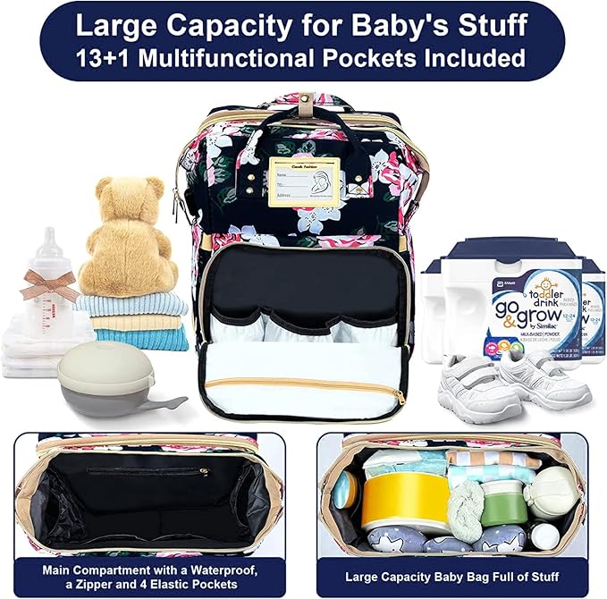 GurZinn Diaper Bag Backpack Waterproof Baby Bag Large Capacity Multifunction Nappy Bags Floral Insulated Durable Travel Maternity Back Pack with Changing Station for Baby （Black）