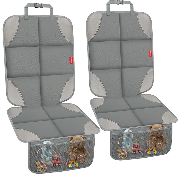 Car Seat Protector, Waterproof 600D Fabric Seat Cushion for Child Car Seat with Thickest Pad, Storage Pockets, Back Car Seat Cover for Kids, 2 Pack