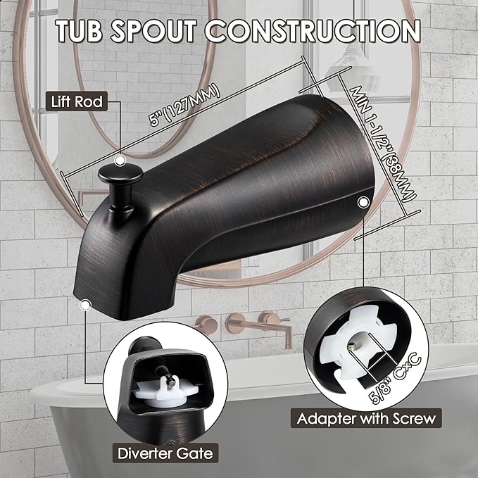 Enhon Slip on Tub Spout with Diverter, Compatible with American Standard 8888026.002 Tub Spout, Bathroom Bathtub Faucet, Fits 1/2 Copper Water Tube(5/8 Dia), 5/32 Hex Wrench (Oil Rubbed Bronze,2)