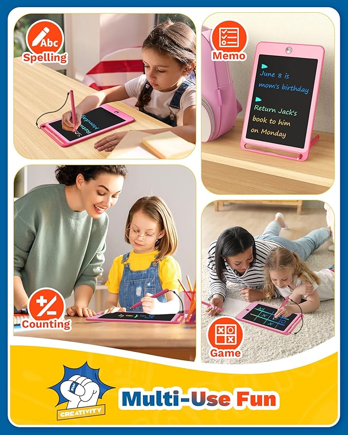 TEKFUN LCD Writing Tablet Kids Toys, 10inch Colorful Doodle Board Kids Travel Learning Toys Drawing Tablet, Birthday Gifts Presents for 3 4 5 6 7 Year Old Girls Boys (Pink)