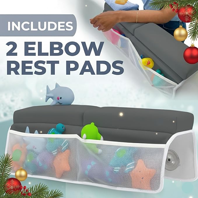 Comfortable Baby Bath Kneeler and Elbow Rest Pad Set – Thick Memory Foam Bath Kneeling Pad with Elbow Support – Baby Bathtub Cushion with Toy Organizer for Bathing Infant or Toddler - Dark Grey