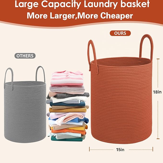 Laundry Basket,15X15X18"Cotton Rope Storage Basket with Handles,Brick Red, Decorative Laundry Hamper,Blanket Basket for Living Room,Nursery Hamper,Room Decor,60L