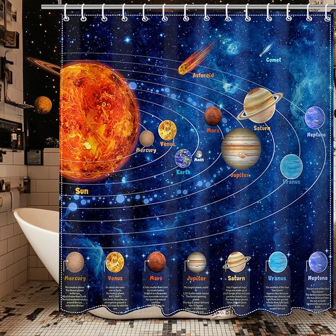 Mocsicka Galactic Outer Space Shower Curtain 72 x 84 Inch Boys Nebula Universe Planet Bath Curtain Science Theme Waterproof Bathroom Accessories Decor with 12 Hooks