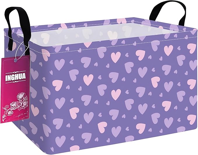 INGHUA Rectangular Storage Basket Fabric Organizer Bin for Toys,Books,Clothes,Gifts,Pets-Perfect for Home,Office,Nursery,Dorm,Shelf(Rec-Purple hearts)