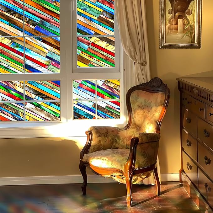 SUNBABY Stained Glass Window Privacy Film: 3D Decorative Christmas Static Clings, Vintage Windows Decals Day and Night Privacy, Home Bathroom Door Window Coverings for Winter,23.6 x 35.4 Inch