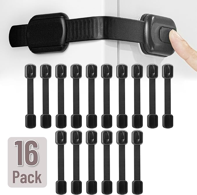 Bates- Child Safety Strap Locks, 16 Pack, Black, Baby Cabinet Locks with Adjustable Strap Length