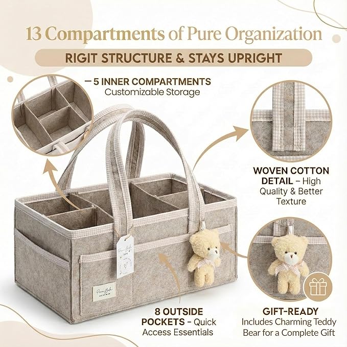 PeraBella XL Diaper Caddy Organizer With Handle, Baby Shower Gifts Basket Bag, Registry Search Must Haves Items, Newborn Girl Boy Nursery Storage Organizer, Baby Bag Essentials, Car Diaper Caddy Cart