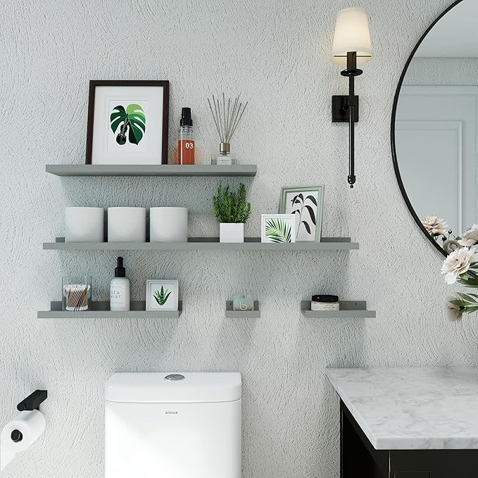 Small Floating Shelves for Wall Decor, Wall Mounted Wood Shelf for Bedroom, Living Room, Bathroom, Kitchen, Nursery, Display Picture Ledge Shelf with Lip Set of 2-8 Inches, Grey