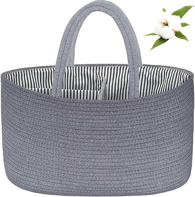 ABenkle X-Large Diaper Caddy Organizer, Cotton Rope Nursery Baby Basket, Changing Table Organizer for Baby Diaper Storage, Grey Boho Rustic