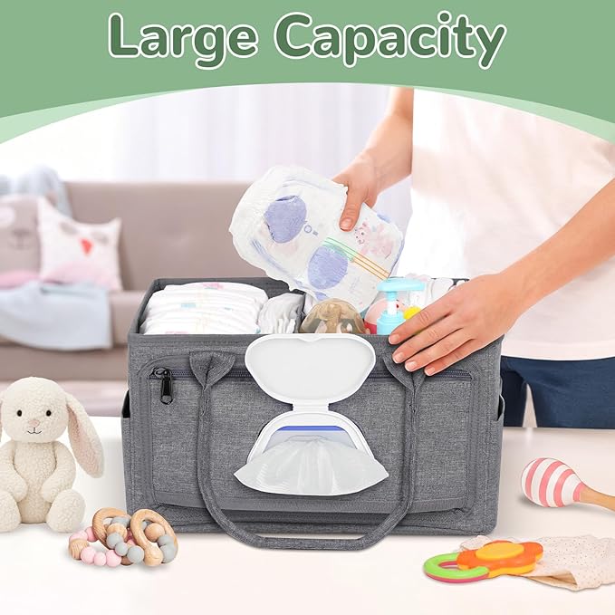 Volnamal Premium Diaper Caddy with Smart Side Wipes Pocket, Diaper Organizer, Portable Car Organizer & Nursery Basket for Newborn Essentials, Perfect Registry Must Haves for Boys & Girls, Grey