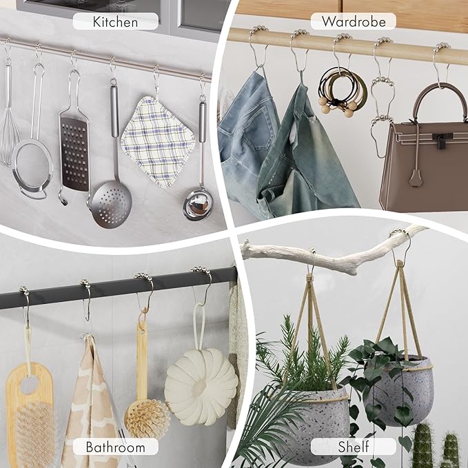 Amazer Shower Curtain Hooks, Decorative Rust Proof Stainless Steel Shower Curtain Hooks for Bathroom Shower Rods Set of 12, Polished Nickel
