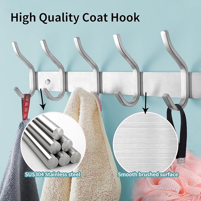 HAMUTH Wall Hooks Heavy Duty, 17 Inch Coat Rack Wall Mount with 6 Hooks, Silver Wall Hooks for Hanging Backpack, Bag, Purse, Clothes, Hat, Coat, Towel | Entryway & Bathroom Storage Organization Hanger