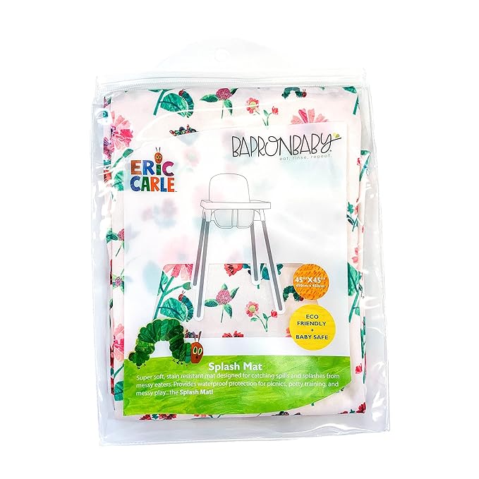 BapronBaby Eric Carle Pink Floral Caterpillar Splash Mat - Waterproof Catch-All for Under High Chairs, Floors, Tables, Playtime or Arts & Crafts - Machine Washable - 45" x 45”