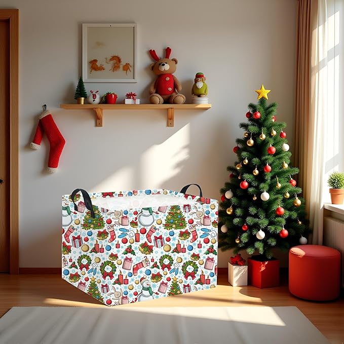 TIBAOLOVER Rectangular Christmas Basket Trick or Treat Spooky Boo Basket with Handles for Women Girls Cute Storage Bin Organizer(Snow Christmas)