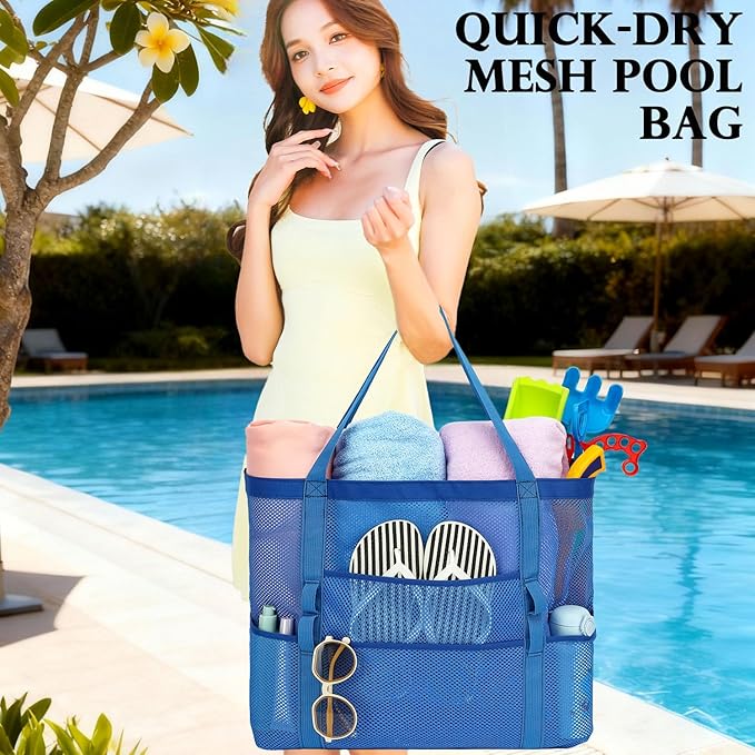 Mesh Beach Bag, Large Beach Tote with Zipper Pocket for Family Pool Bag for Toys & Vacation Essentials