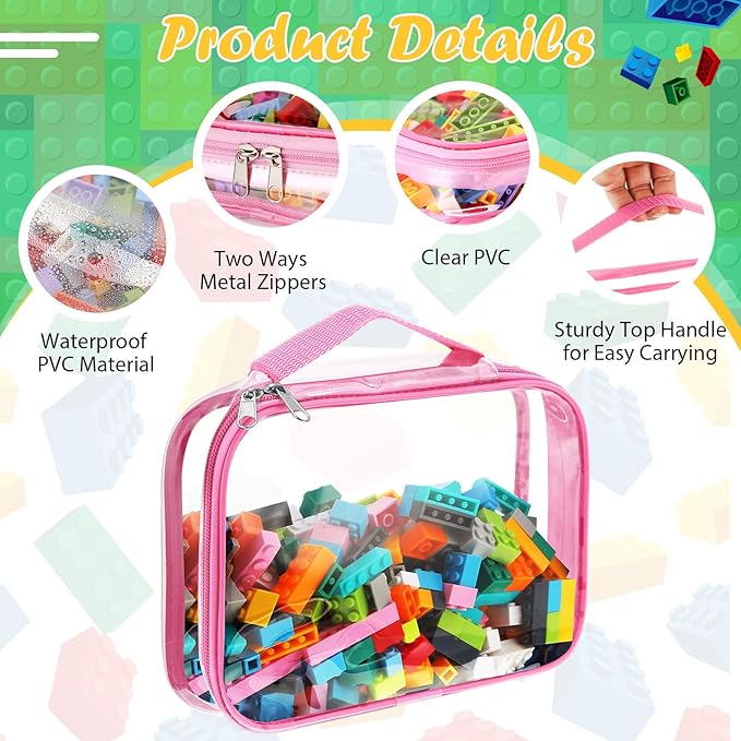 Sanwuta 3 Packs Toy Storage Bags with Zipper, Clear PVC Organizing Waterproof Toy Bags for Board Games, Building Blocks, and Kids Books(12.6 x 9 x 2.36 Inch,Pink)
