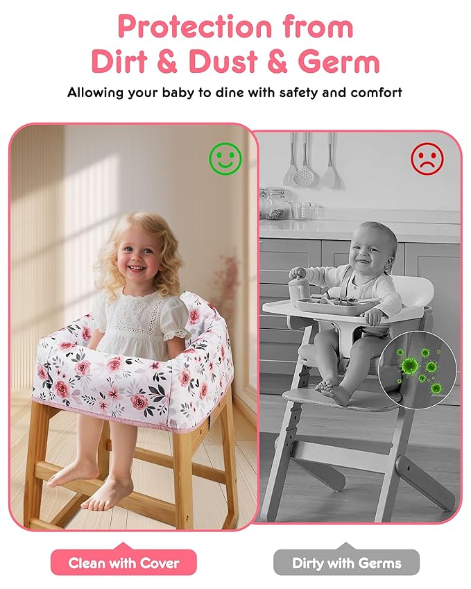 Lunobubo Baby High Chair Cover Restaurant with Strap Pads & 3-Point Harness, Machine Washable, Waterproof Portable Highchair Covers for Eating, Travel, Home Use - Fits Wooden Chairs, Pink Flowers