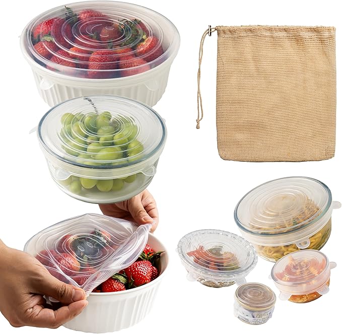 6 PCS Reusable Silicone Stretch Lids for Food Storage- Leakproof, Heat-Resistant Replacement Lids for Bowls, Cans, Cups and Glass Containers