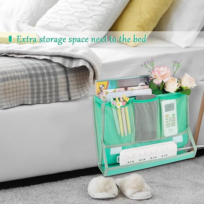 Retyion Bedside Caddy Bedside Storage Organizer Bedside Organizer with Power Strip Holder and 2 Adjustable Straps for Home Bunk Bed College Dorm Sofa (Green)