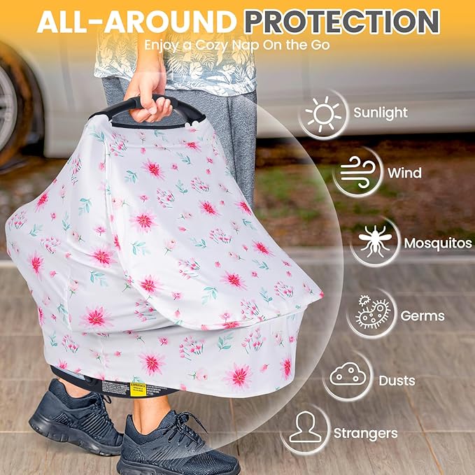 Orzbow Baby Car Seat Cover, Breathable Car Seat Canopy for Girls Boys with Mesh Window, Lightweight Baby Carrier Cover for Wind, Dust, Sun and Insects Protection, Universal Fit, Pink