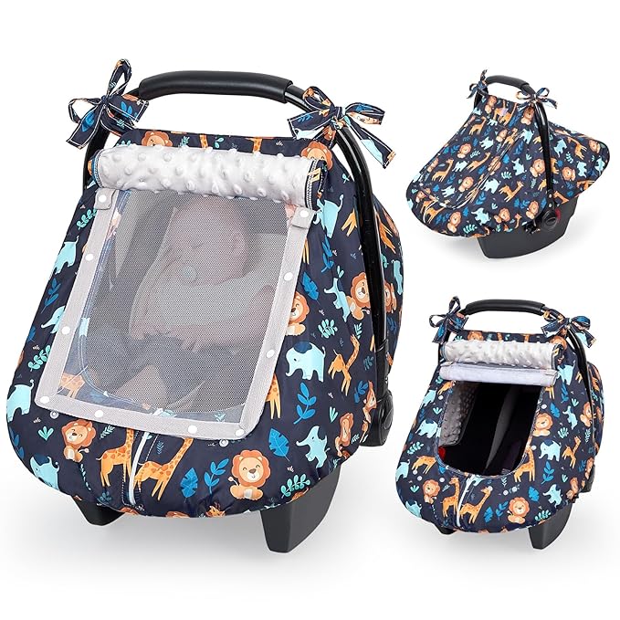 FIOBEE Baby Car Seat Cover, Car Seat Covers for Babies Infant Car Seat Canopy with Breathable Mesh Window Waterproof Carseat Cover for Babies Boy Girl 4 Seasons, Dark Blue Giraffe