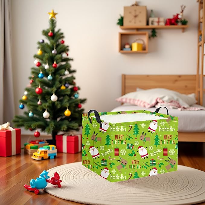 HIYAGON Rectangular Christmas Basket Fabric Storage Bin Storage Boxes,Collapsible Storage Basket for Clothes,Books.Shelves Basket(Green Christmas)