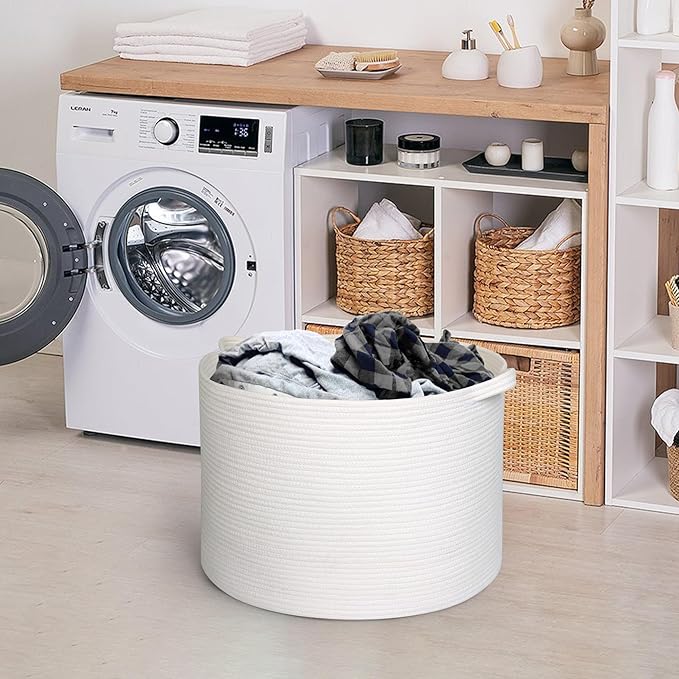 White Cotton Rope Storage Basket, 22" X 22" X 14" Extra Large Blanket Storage Living Room, XL Soft Toy Bin for Organizing, Woven Baby Laundry Basket with Handle, White Wicker Hamper Nursery