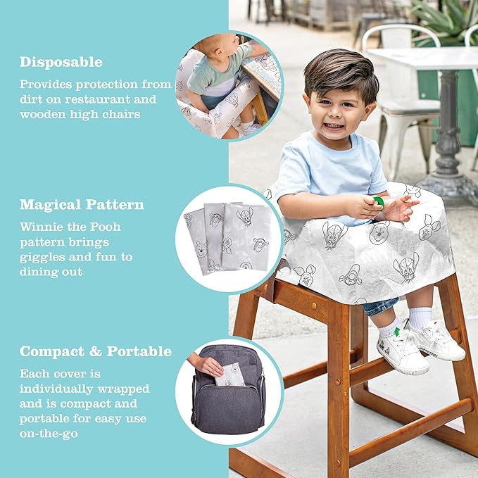 J.L. Childress Disney Baby Disposable Restaurant High Chair Covers - Baby Travel Accessory for Kids & Toddlers, Individually Wrapped, Covers All Surfaces - 12 Count, Winnie The Pooh