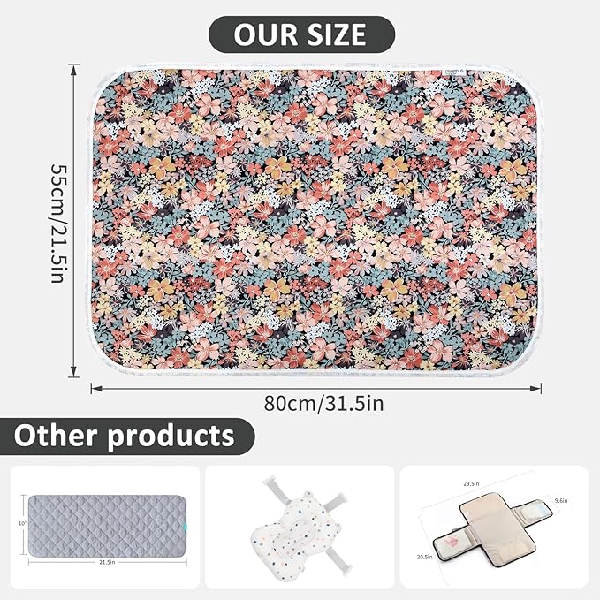 Baby Diaper Changing Pad, 21 5/8" x 31.5" Waterproof Changing Pad Liners - Reusable Soft and Absorbent Portable Changing Mat(Floral3-1PCS)