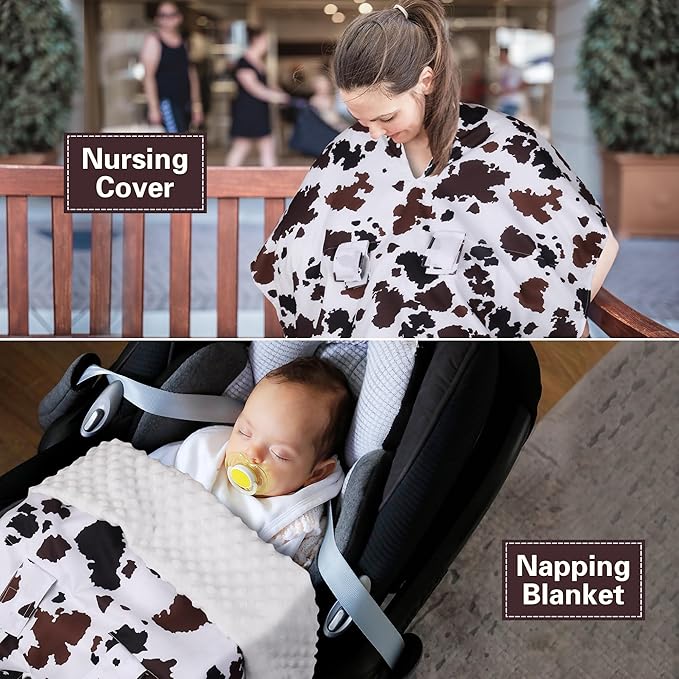Rquite Car Seat Cover Baby, Carseat Covers Baby Boy, Minky Infant Car Seat Cover Winter, Peekaboo Opening Car Seat Canopy, Multi-use Baby Carrier, Stroller, Nursing Cover, Minky Blanket, Cow Print