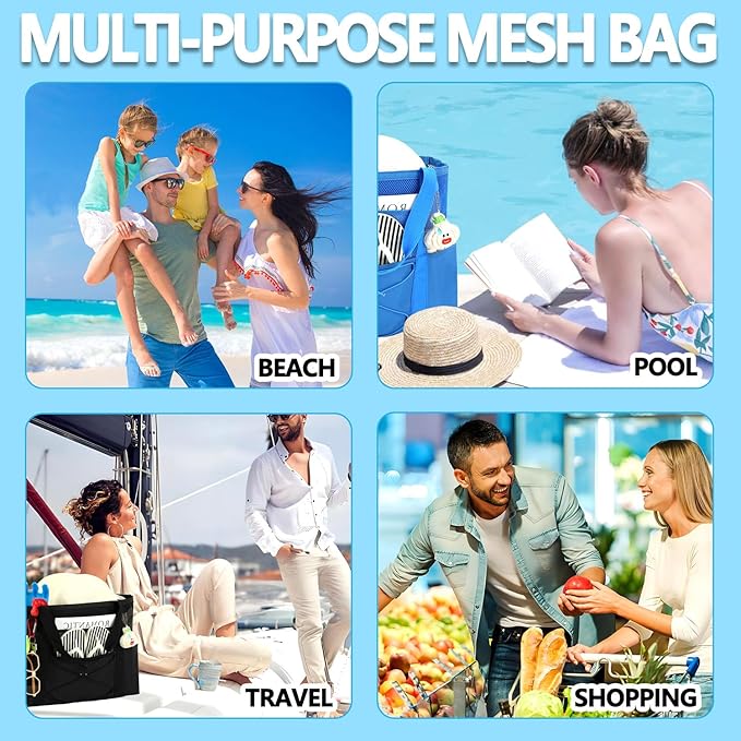 Mesh Beach Bag, Large Beach Tote with Zipper Pocket for Family Pool Bag for Toys & Vacation Essentials