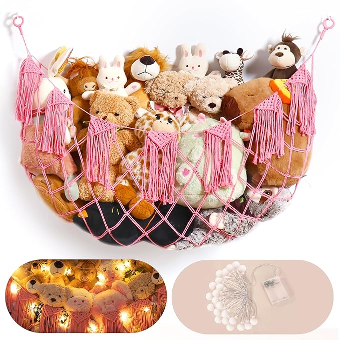 Boho Macrame Stuffed Animal Hammock with LED Lights, Wall Corner Hanging Plushie Net, Large Toy Organizer for Kids Bedroom Nursery Playroom & Dorm (Pink XL)