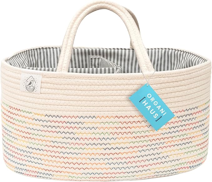 OrganiHaus Nursery Storage Basket, Cotton Rope Toy & Diaper Caddy Organizer with Handles, Baby Diaper Organizer, Foldable Design, Machine Washable, Ideal for Baby Room & Laundry - Stitches Rainbow