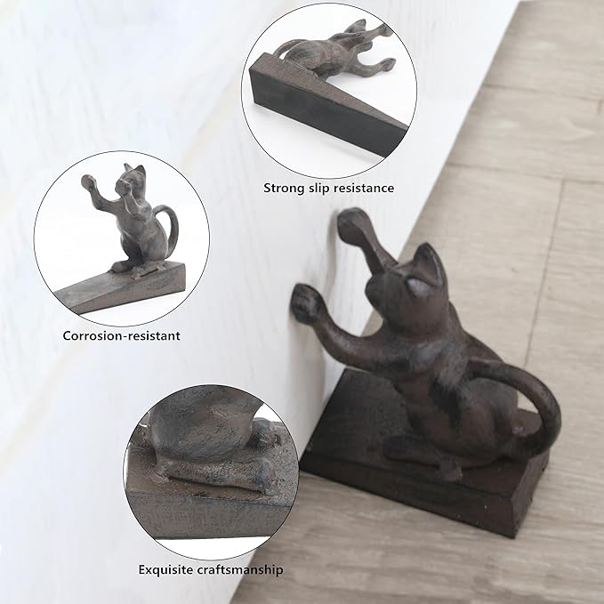 Cat-Shaped Door Stopper for Indoor Use - Non-Scratch Heavy Duty 2.5LB Vintage Cast Iron Cat Door Stopper, Retro-Style Home Accessory for Secure Door Holding