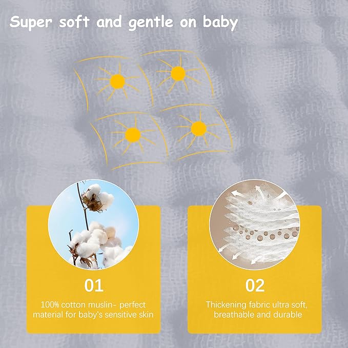 Lovely Care 12 Pack Muslin Burp Cloths 100% Cotton Muslin Cloths Large 20''x10'' Extra Soft and Absorbent Baby Burping Cloth - Slate