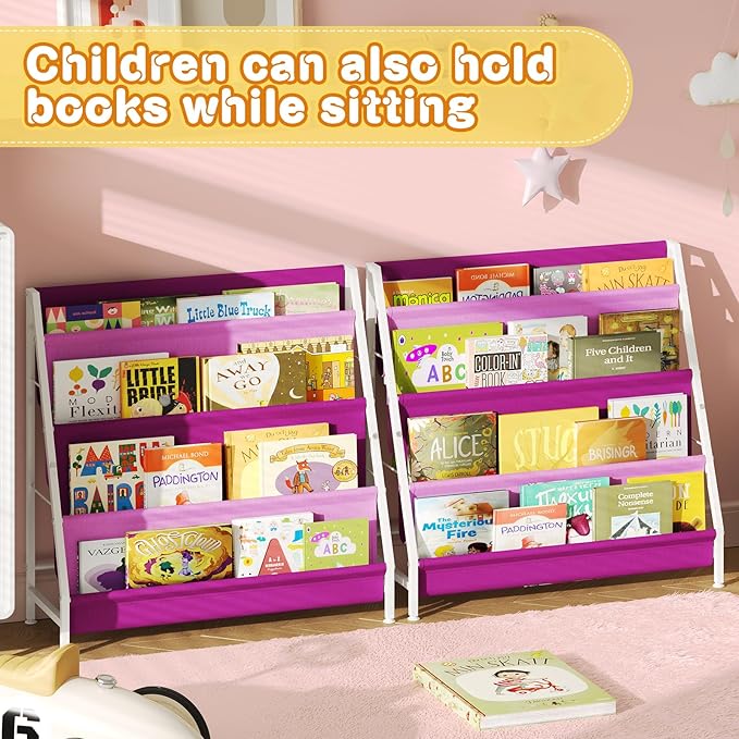 Kids Bookshelf for Kids Rooms, 4-Tier Montessori Bookshelf,Nursery Book Shelves,Pink Toddler Bookshelf, Metal Kid's Book Storage Organizer for Girls Room Furniture Playroom Kindergarten