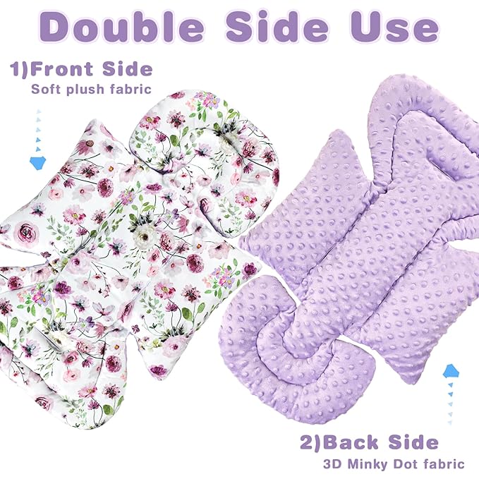 GFU 3-in-1 Infant Car Seat Insert, Soft Head and Body Support,Ultra & Strap Covers Set, Reversible Newborn Car Seat Cushion Pad for Baby Boy & Girl fits Stroller, Swing, Bouncer (Purple)