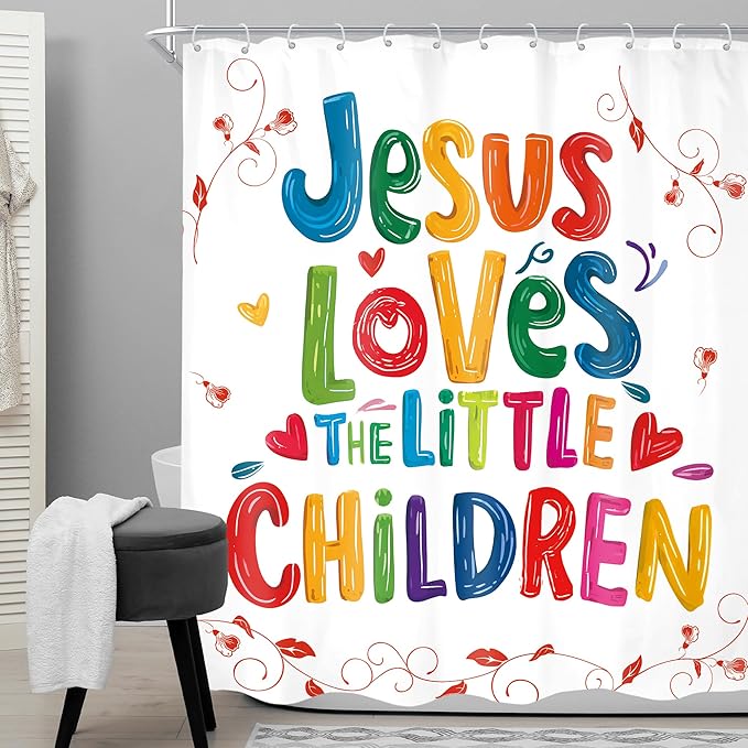 Kids 60Wx72H Shower Curtain Colorful Funny Inspirational Quotes Teens Jesus Loves Children Graffiti Motivational Words Simple Bathroom Curtain Set Modern Bath Bathroom Accessories Decor