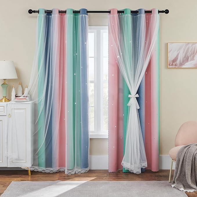 XiDi Pink Grey Green Curtains for Girls Bedroom 96 Inches Long 2 Panels Set, Rainbow Blackout Curtains for Kids Nursery Room Decor, Unicorn Wall Decals Drapes for Living Room 34 Inches Wide