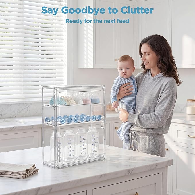 HBlife Baby Bottle Storage Organizer for Countertop Cabinet, 3 Tiers Adjustable Clear Acrylic Bottles Storage Station Case Box Container with 2 Removable Dividers and Magnetic Door, Medium