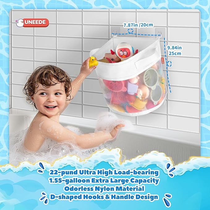 UNEEDE Bath Toy Organizer,1.55 Gallons Bathtub Toy Storage Organizer,Quick Access Bath Toy Holder For Bathtub,Baby Organizer And Storage,Quick Dry Baby Bath Toy Storage For Tub,Mesh Shower Caddy White