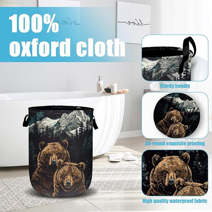 Brown Bear Mountain Laundry Basket, Laundry Hamper Collapsible Oxford Cloth with Handle Clothes Toy Storage Bin for Bathroom Laundry Room Bedroom 15.7 X 20 Inch