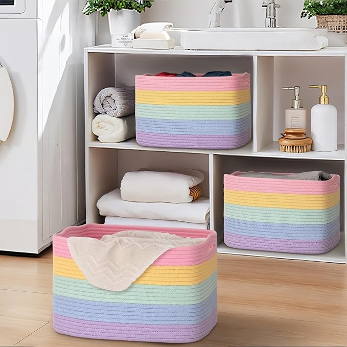 Degeyoyo Woven Storage Baskets, Rainbow Baskets for Organizing, 3 Pack Woven Basket for Storage, Storage Baskets for Shelf, Towel, Toy, Book, Closet, Baby 15"×10"×9"
